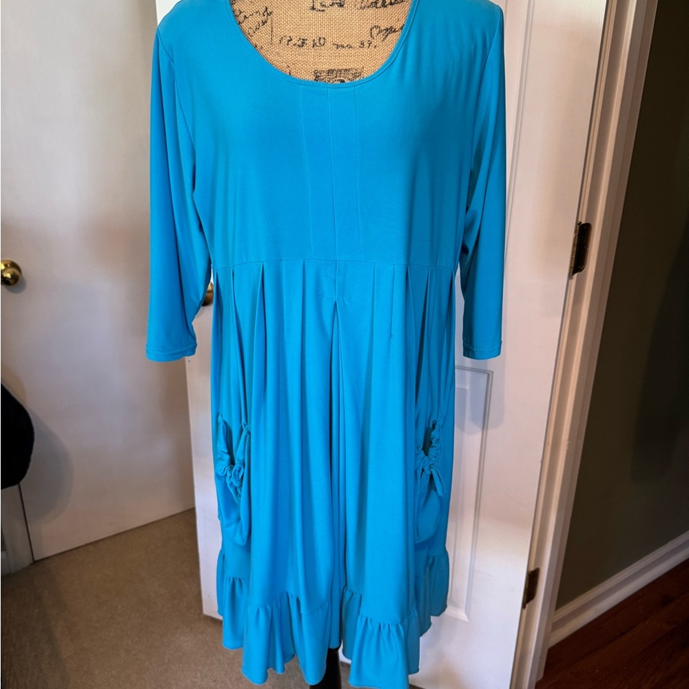 Bright Turquoise Scoop Neck Ruffle Hem Dress with Cute Tie Front Pockets!